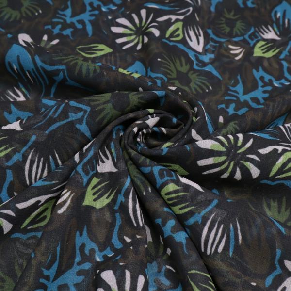 Fabric chiffon blouse fabric floral pattern leaves design black petrol brown green white dress fabric