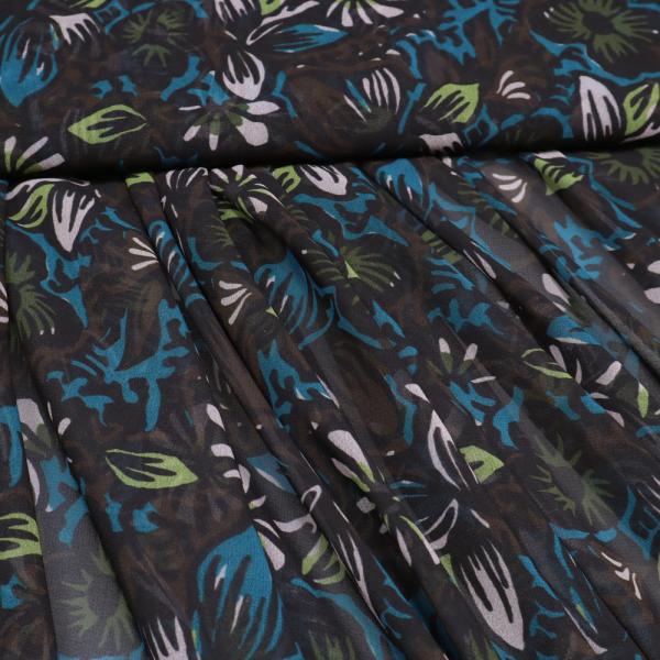 Fabric chiffon blouse fabric floral pattern leaves design black petrol brown green white dress fabric