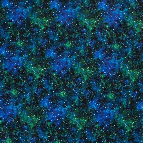 Stoff Baumwolle Sweatshirtstoff mit Galaxy Weltraum All Space Sterne Design schwarz grün blau Kinderstoff Kleiderstoff Hoodiestoff