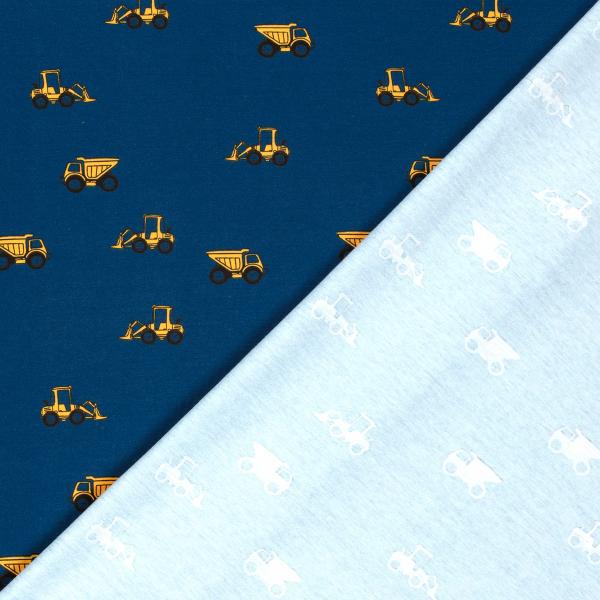 Fabric cotton jersey excavator truck construction site vehicles blue yellow black children's fabric clothing fabric