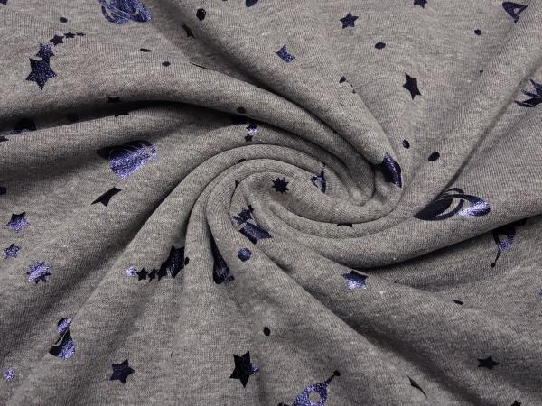 Fabric sweatshirt fabric foil print design stars planets rockets space taupe-brown blue shiny children's fabric dress fabric