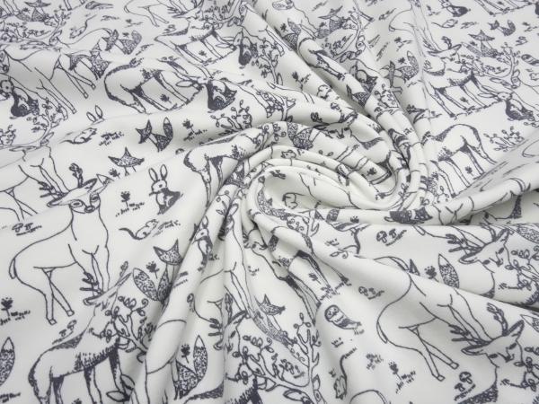 Fabric Organic cotton jersey forest animals deer hares foxes design white gray dress fabric children's fabric