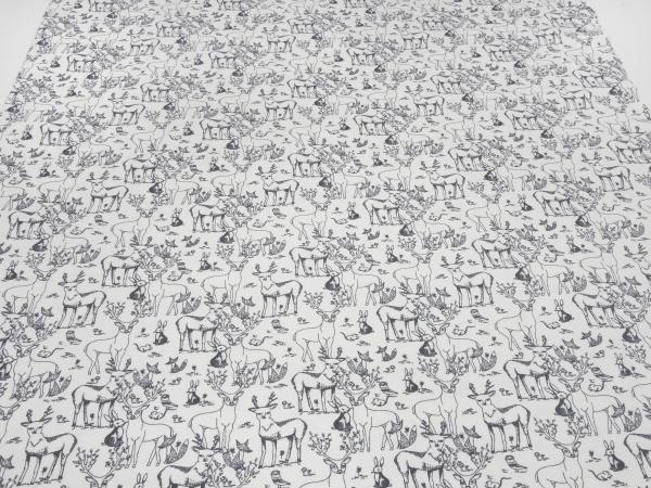 Fabric Organic cotton jersey forest animals deer hares foxes design white gray dress fabric children's fabric