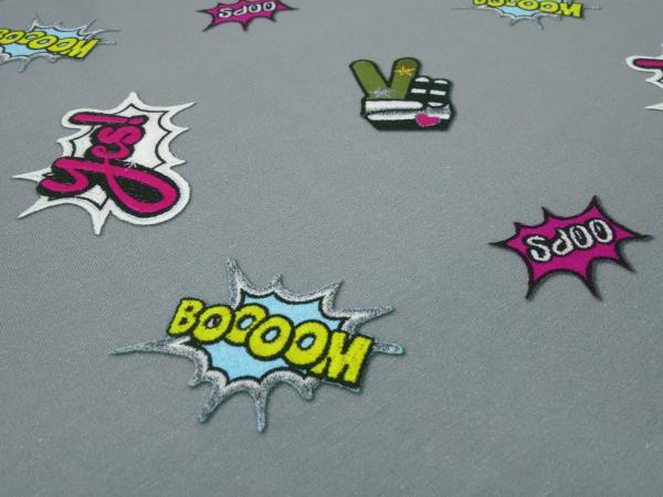 Fabric jersey stickers emojis ornaments "boom" design gray black white yellow dress fabric