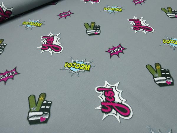 Fabric jersey stickers emojis ornaments "boom" design gray black white yellow dress fabric