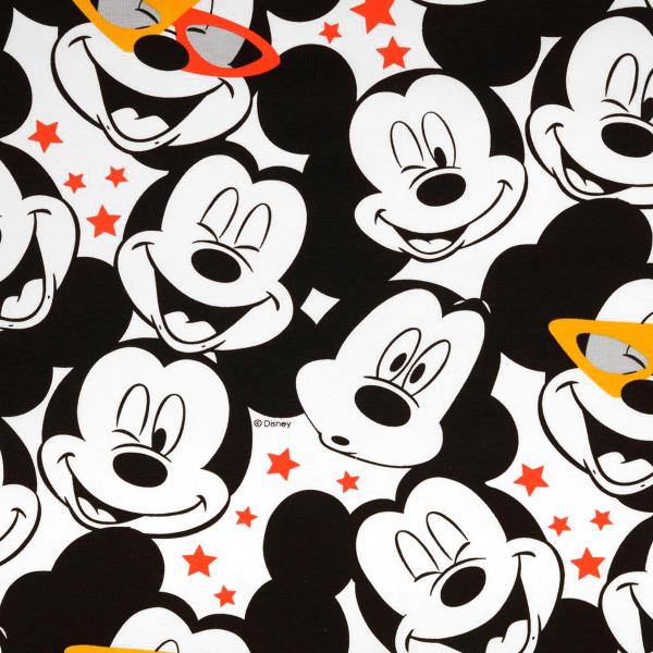 Stoff Baumwolle Jersey Disney Mickey Maus Kopf Design weiß schwarz rot gelb Lizenzstoff Kinderstoff Kleiderstoff