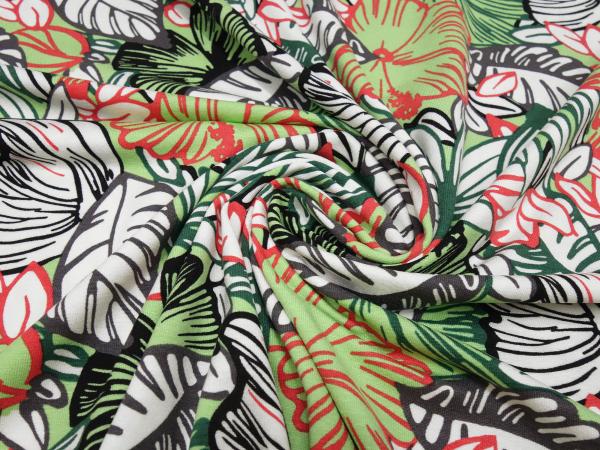 Fabric viscose jersey with flowers leaves design white green red gray black dress fabric