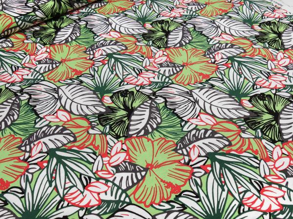 Fabric viscose jersey with flowers leaves design white green red gray black dress fabric