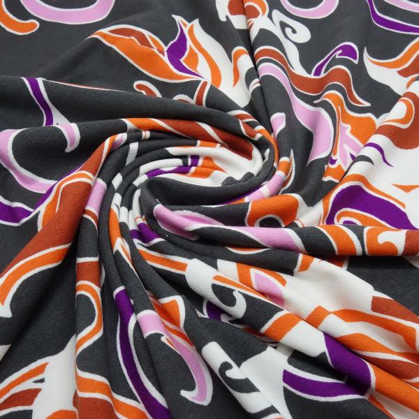 Fabric viscose jersey floral pattern design gray orange purple pink white dress fabric