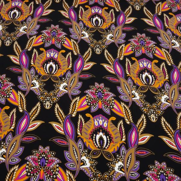 Fabric viscose jersey with floral pattern design black purple orange beige pink white dress fabric