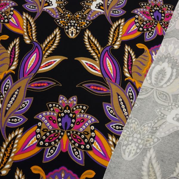 Fabric viscose jersey with floral pattern design black purple orange beige pink white dress fabric