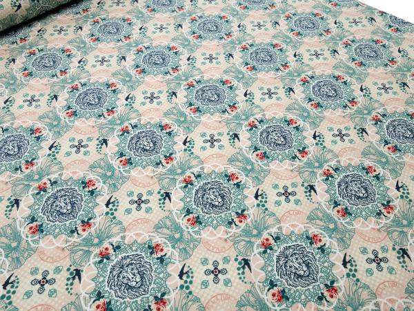 Fabric Tante Ema cotton jersey lion love apriko mint green colorful dress fabric children's fabric