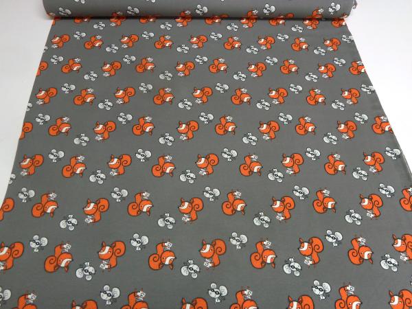 Fabric cotton jersey foxes mice taupé mud brown orange beige children's fabric dress fabric