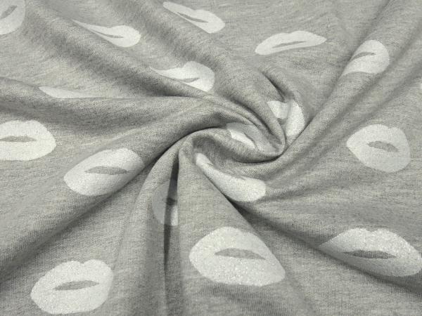 Fabric sweatshirt French Terry glitter lips design light gray melange white silver dress fabric