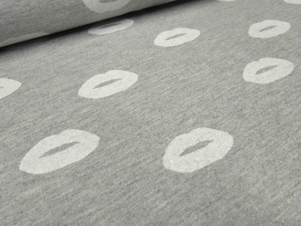 Fabric sweatshirt French Terry glitter lips design light gray melange white silver dress fabric