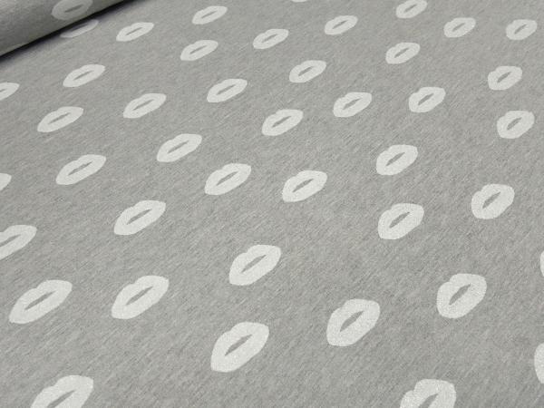 Fabric sweatshirt French Terry glitter lips design light gray melange white silver dress fabric