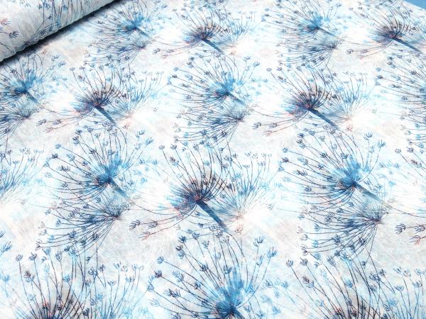 Fabric cotton jersey with dandelion flowers design white turquoise blue colorful dress fabric children's fabric