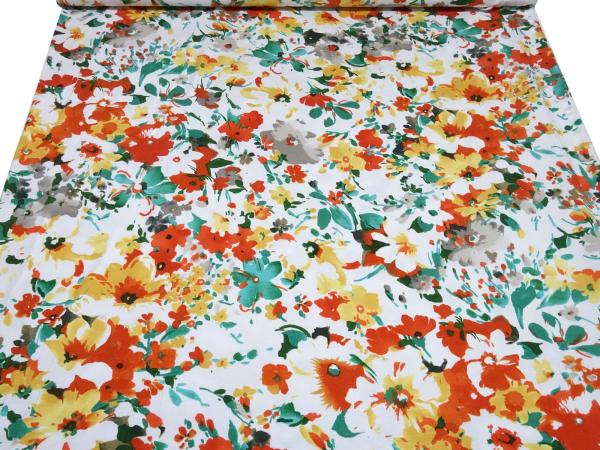 Fabric viscose jersey floral design white green yellow orange taupé floral dress fabric children's fabric