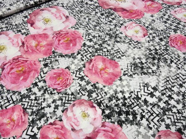 Stoff Viskose Jersey Blumen Rosen Abstrakt Design rosa grau weiß schwarz gelb Kleiderstoff