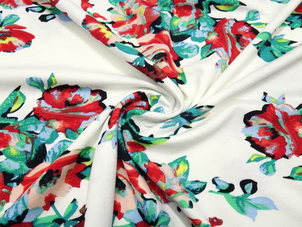 Fabric viscose jersey flowers roses design wool white green red pink yellow blue dress fabric