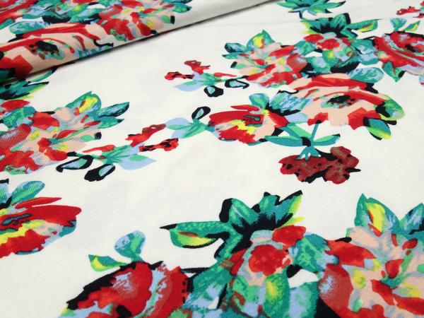 Fabric viscose jersey flowers roses design wool white green red pink yellow blue dress fabric