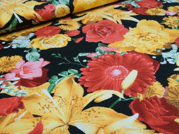 Fabric viscose jersey flowers roses design red gold yellow black colorful dress fabric