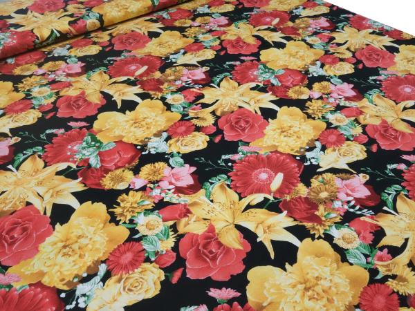 Fabric viscose jersey flowers roses design red gold yellow black colorful dress fabric