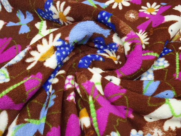 Fabric Microfleece Wellnessfleece with birds hearts flowers design brown pink blue white colorful children's fabric decoration fabric clothing fabric