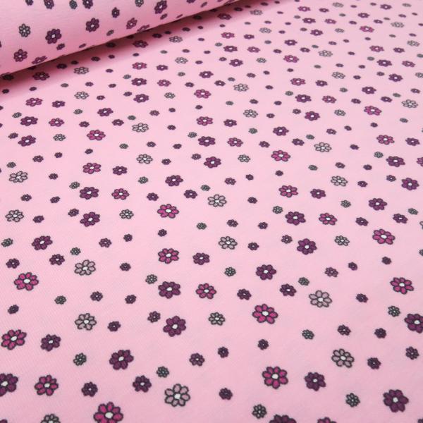 Stoff Baumwolle Jersey mit Blumenmuster Streublumen Design rosa pink schwarz bunt Kleiderstoff Kinderstoff