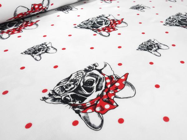 Fabric cotton jersey with dogs Franz. Bulldog pug dots dots design white red black children's fabric dress fabric