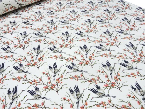 Fabric cotton sweatshirt fabric with storks birds blossoming trees design offwhite red green black white dress fabric hoodie fabric