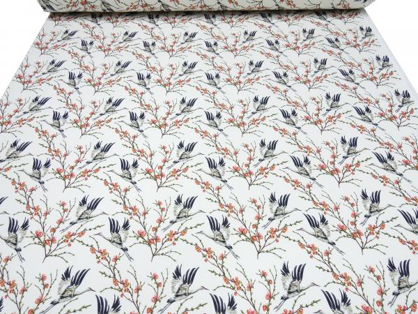 Fabric cotton sweatshirt fabric with storks birds blossoming trees design offwhite red green black white dress fabric hoodie fabric