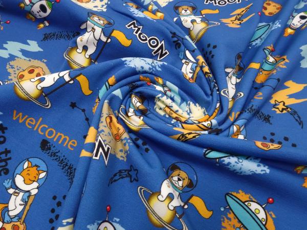 Fabric cotton jersey with space teddy bear Ufo Moon design blue brown yellow colorful children's fabric dress fabric