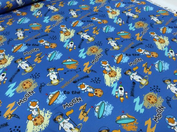 Fabric cotton jersey with space teddy bear Ufo Moon design blue brown yellow colorful children's fabric dress fabric