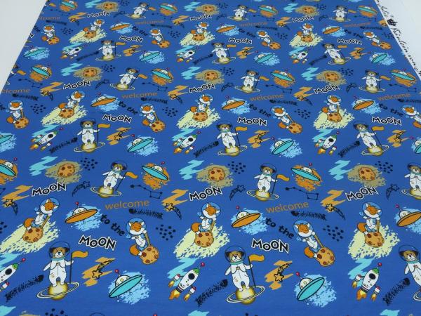 Fabric cotton jersey with space teddy bear Ufo Moon design blue brown yellow colorful children's fabric dress fabric