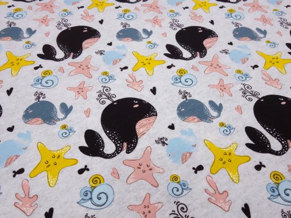 Stoff Baumwolle Jersey mit Wale Seesterne Design hellgrau blau gelb rosa schwarz Kinderstoff Kleiderstoff