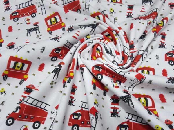 Fabric cotton jersey with firefighters dogs dalmatian design light gray red yellow black colorful children's fabric dress fabric