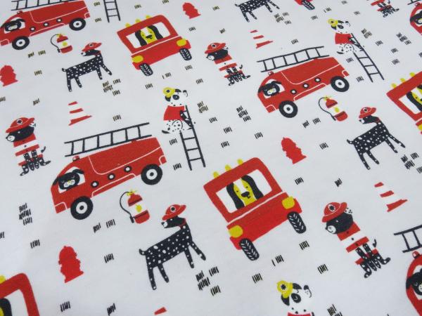 Fabric cotton jersey with firefighters dogs dalmatian design light gray red yellow black colorful children's fabric dress fabric