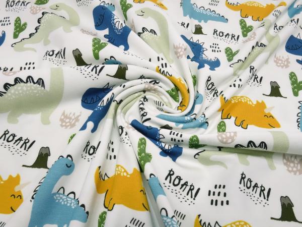 Fabric cotton jersey dino dinosaur design sand beige blue gray green yellow colorful Miss by Julie children's fabric dress fabric