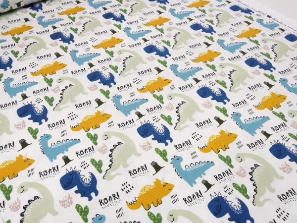 Fabric cotton jersey dino dinosaur design sand beige blue gray green yellow colorful Miss by Julie children's fabric dress fabric