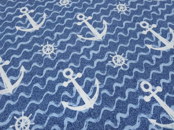 Fabric cotton French Terry sweatshirt fabric with nautical anchor waves design blue white dress fabric children's fabric