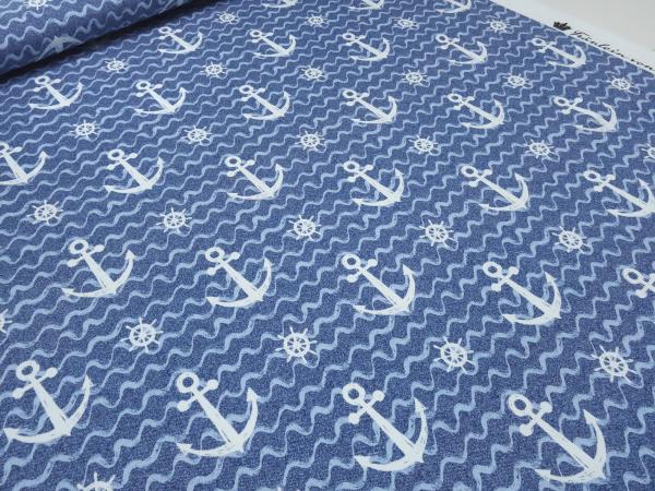 Fabric cotton French Terry sweatshirt fabric with nautical anchor waves design blue white dress fabric children's fabric