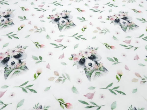 Stoff Baumwolle Jersey Waschbär Racoon Blumen Design rosa grün grau bunt Kinderstoff Kleiderstoff