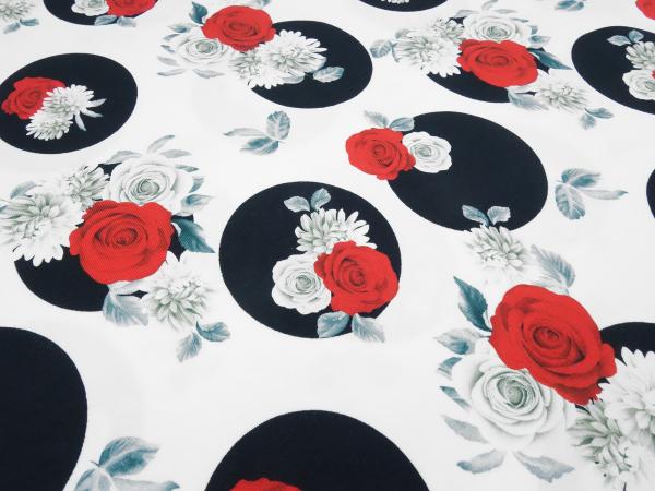 Stoff Baumwolle Jersey Blumen Rosen Punkte Design weiß rot schwarz grau Kleiderstoff Kinderstoff