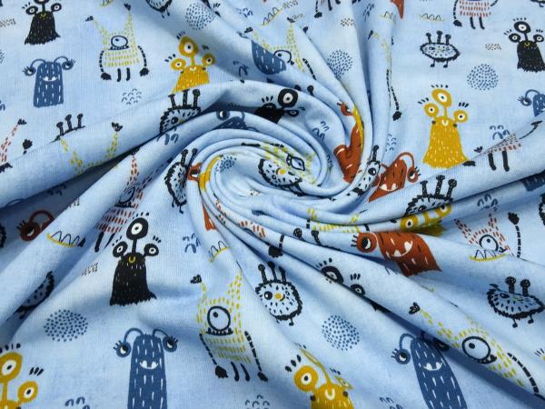 Fabric cotton jersey with monster design turquoise colorful children's fabric dress fabric