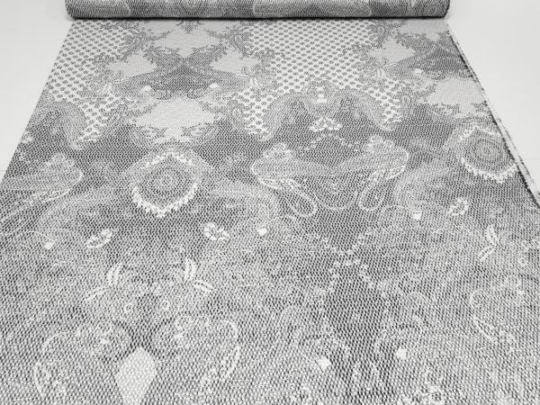 Fabric stretch cotton piqué paisley design white black gray dress fabric