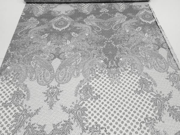 Fabric stretch cotton piqué paisley design white black gray dress fabric