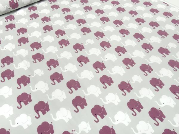 Fabric cotton jersey elephants parade design light gray white berry children's fabric dress fabric