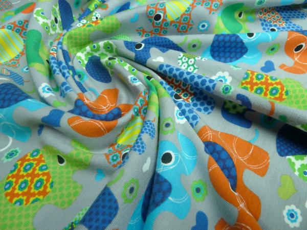 Stoff Jersey Baumwolle Elefanten Blumen Herzen Design grau bunt Kinderstoff Kleiderstoff