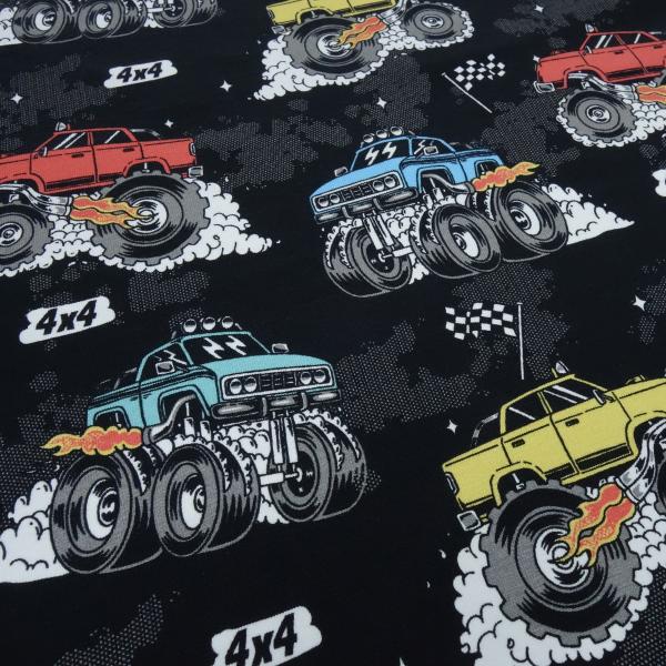 Stoff Baumwolle Jersey Burnout Monstertrucks Autos schwarz bunt Kinderstoff Kleiderstoff Meterware